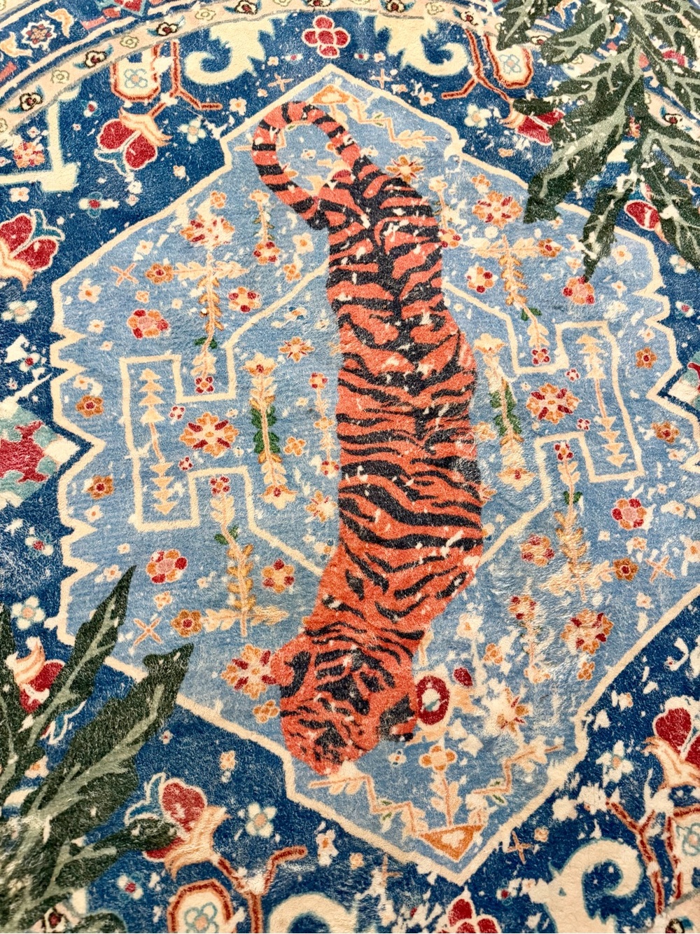 Round Boho Tiger Medallion Rug in Blue and Orange - Picture 2 of 5
